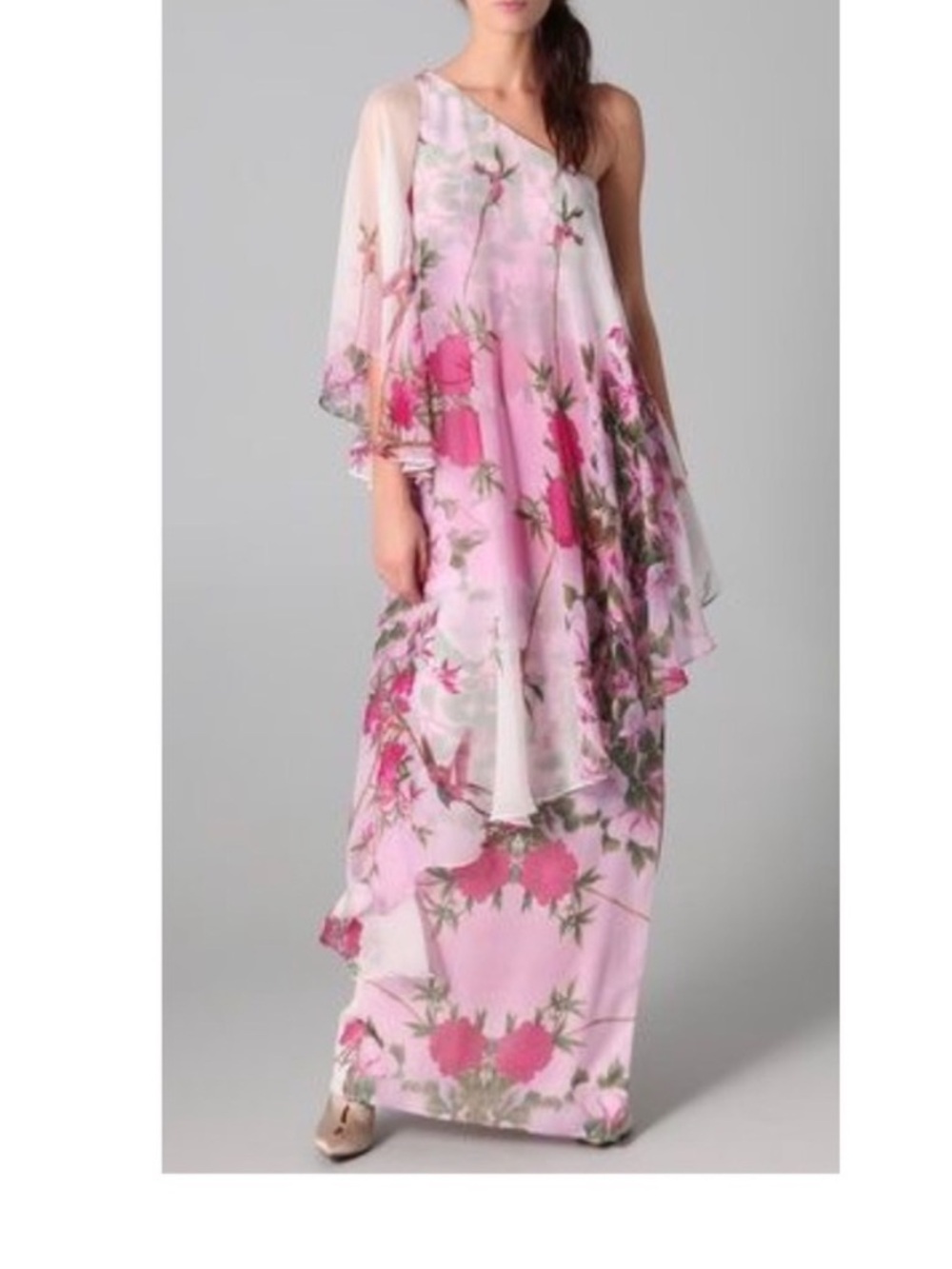 Marchesa notte One-Shoulder Pink Floral Layered Maxi Dress